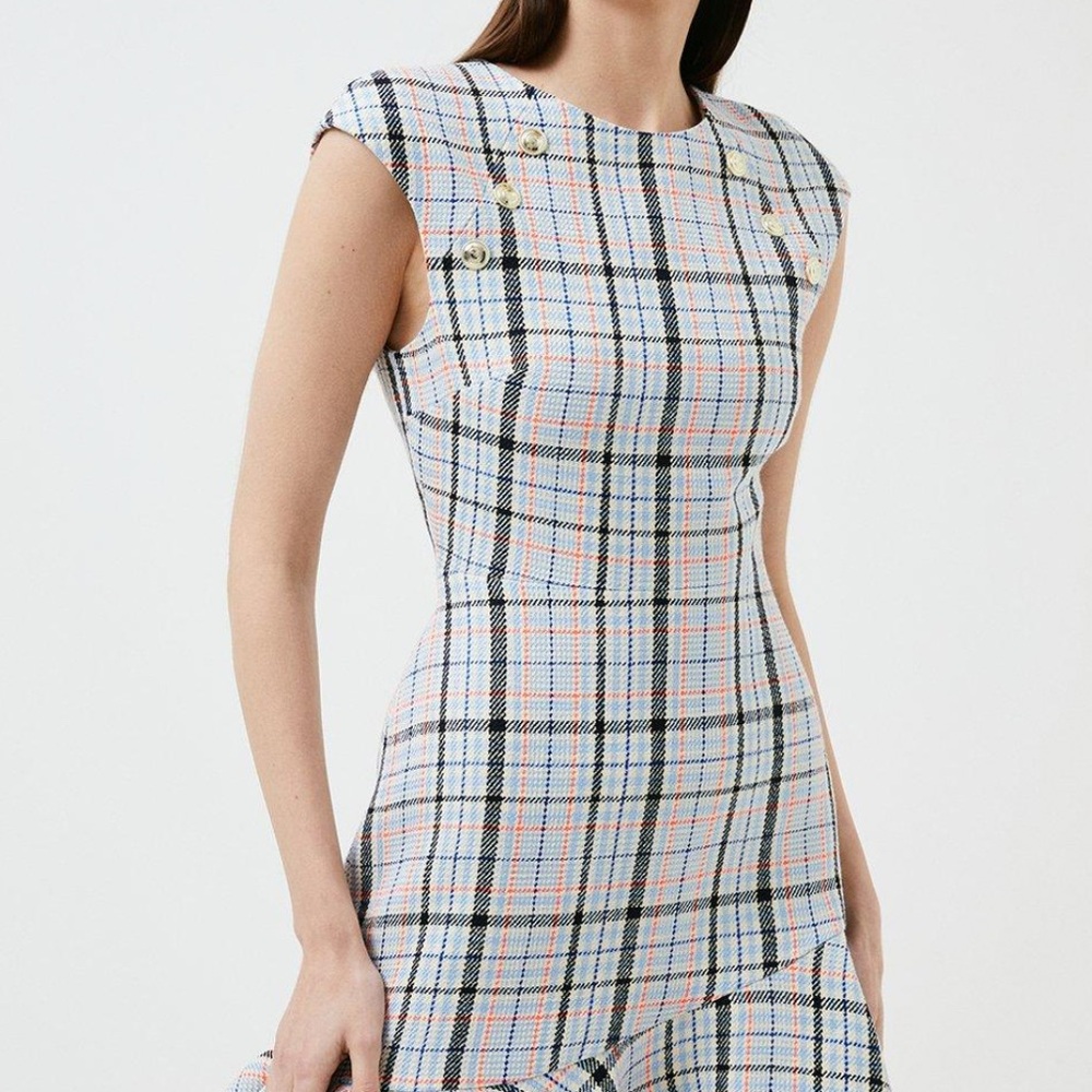 Karen Millen Cotton Blend Check Tweed Flippy Hem Mini Dress Size 6